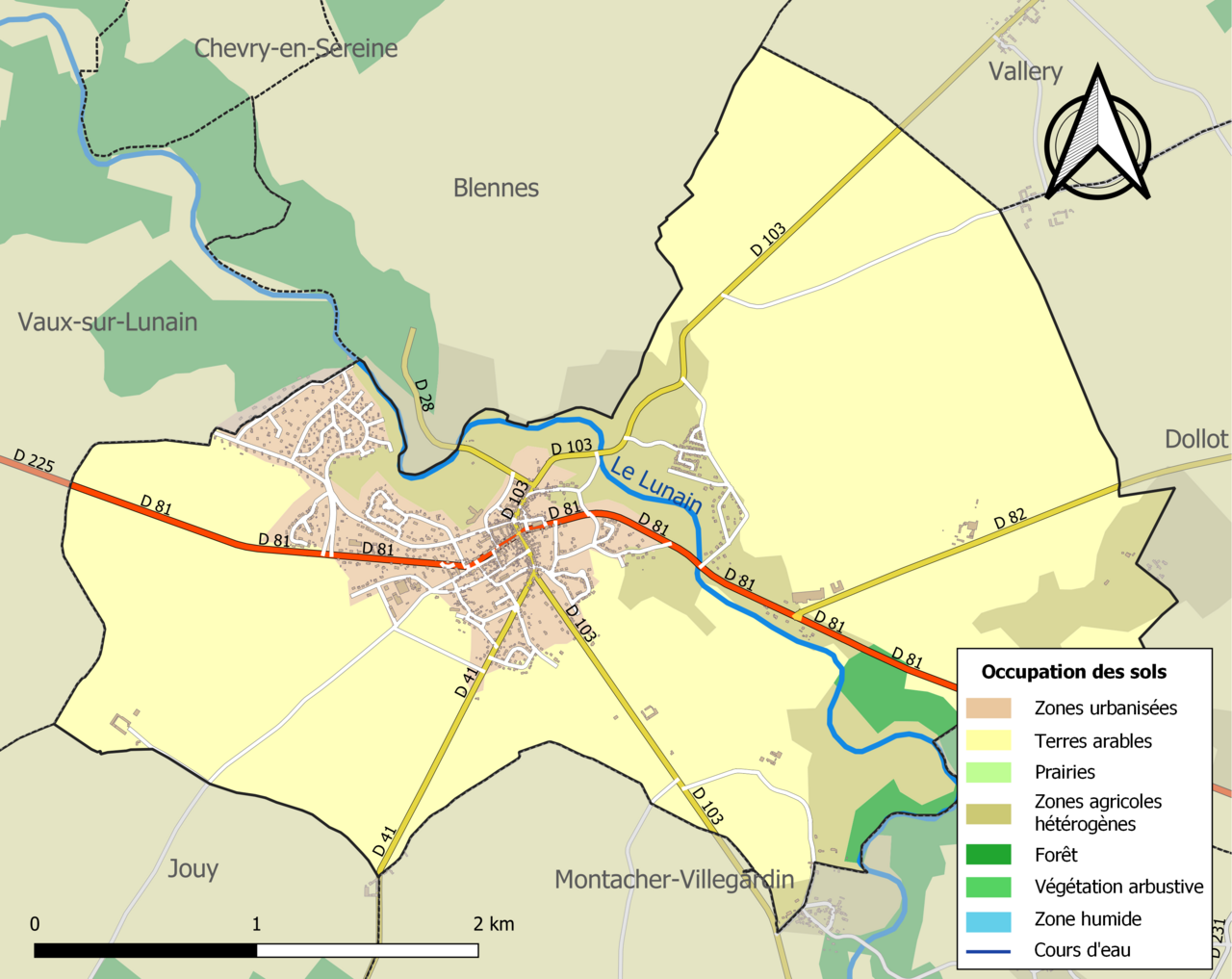 Carte des infrastructures et de l'occupation des sols de la commune en 2018 (CLC).